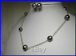 ESTATE VTG 14K GOLD GENUINE TAHITIAN 10 mm PEARL TIN CUP NECKLACE &EARRINGS SET