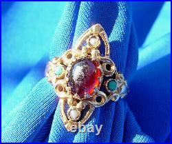 EXCITING Nuoveau Garnet Pearl Turquoise Ring Antique Victorian 14k Deco Setting