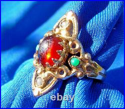 EXCITING Nuoveau Garnet Pearl Turquoise Ring Antique Victorian 14k Deco Setting