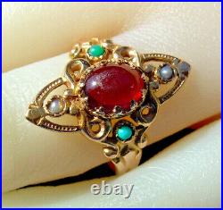 EXCITING Nuoveau Garnet Pearl Turquoise Ring Antique Victorian 14k Deco Setting