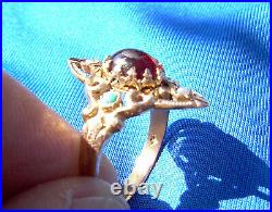 EXCITING Nuoveau Garnet Pearl Turquoise Ring Antique Victorian 14k Deco Setting