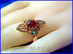 EXCITING Nuoveau Garnet Pearl Turquoise Ring Antique Victorian 14k Deco Setting