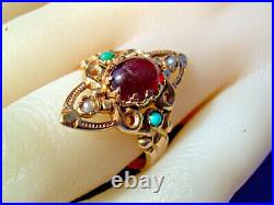 EXCITING Nuoveau Garnet Pearl Turquoise Ring Antique Victorian 14k Deco Setting