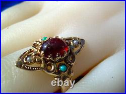 EXCITING Nuoveau Garnet Pearl Turquoise Ring Antique Victorian 14k Deco Setting