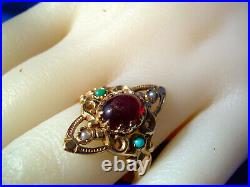 EXCITING Nuoveau Garnet Pearl Turquoise Ring Antique Victorian 14k Deco Setting