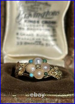 Early 15ct Gold Victorian Georgian Rose Cut Diamond Pearl and Turquoise Set Ring
