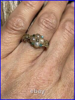 Early 15ct Gold Victorian Georgian Rose Cut Diamond Pearl and Turquoise Set Ring