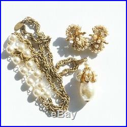 Early Signed Miriam Haskell Gold Tone Baroque Pearl Necklace and Earrings Set