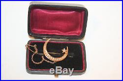 Edwardian 14K gold crescent and star brooch set seed pearls with safety chain