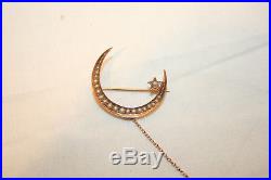 Edwardian 14K gold crescent and star brooch set seed pearls with safety chain