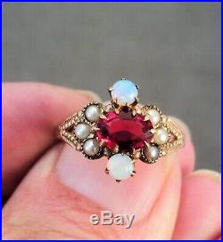 Edwardian Antique 10K GOLD RING Ruby 2 OPALS & Seed PEARLS Ornate Setting Size 7