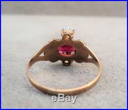 Edwardian Antique 10K GOLD RING Ruby 2 OPALS & Seed PEARLS Ornate Setting Size 7