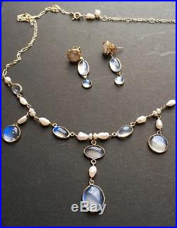 Edwardian Blue Moonstone Pearl Necklace & Earrings Antique 14K 10K gold vintage