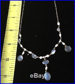 Edwardian Blue Moonstone Pearl Necklace & Earrings Antique 14K 10K gold vintage