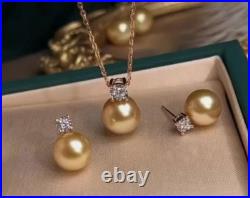 Elegant AAA+ 9-10mm real natural South sea Gold Round pearl Necklace earring set Elegant AAA+ 9-10mm real natural South sea Gold Round pearl Necklace earring set