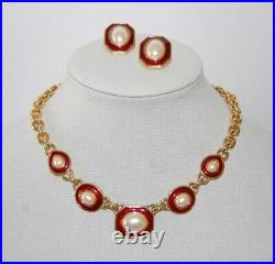Elegant Vtg Monet Couture Faux Pearl Cabochons Red Enamel Necklace Earrings Set