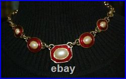 Elegant Vtg Monet Couture Faux Pearl Cabochons Red Enamel Necklace Earrings Set