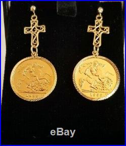 Elizabeth ll pair of 9ct gold drop Earrings. Set with 22ct gold half Sovereigns