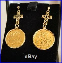 Elizabeth ll pair of 9ct gold drop Earrings. Set with 22ct gold half Sovereigns