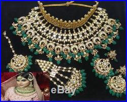 Emerald Real Kundan Pearl Gold Tone Bib Necklace Passa Earrings Tikka Set 5 Pcs