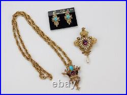 Erwin Pearl Brooch Pendant Necklace Earrings Fleur De Lis Jeweled Crown Set