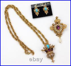 Erwin Pearl Brooch Pendant Necklace Earrings Fleur De Lis Jeweled Crown Set