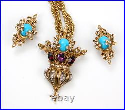 Erwin Pearl Brooch Pendant Necklace Earrings Fleur De Lis Jeweled Crown Set