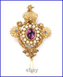 Erwin Pearl Brooch Pendant Necklace Earrings Fleur De Lis Jeweled Crown Set