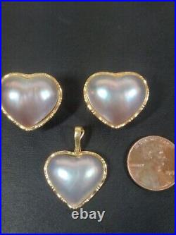Estate 14K Gold Mabe Pearl Heart Earrings and Pendant Set
