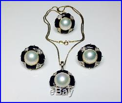 Estate 14K Italian Pearl Diamond Enamel Necklace, Ring & Earrings Set 29.6 Grams