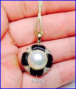 Estate 14K Italian Pearl Diamond Enamel Necklace, Ring & Earrings Set 29.6 Grams