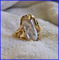 Estate 14K Yellow Gold Fresh Water Baroque Pearl & Diamond Ring Abstract Setting