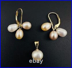 Estate 14K Yellow Gold Tri-Color Pearl Lever Back Earrings & Pendant SET, 5.2g