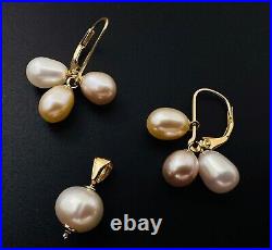 Estate 14K Yellow Gold Tri-Color Pearl Lever Back Earrings & Pendant SET, 5.2g