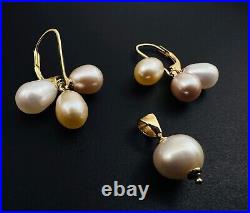 Estate 14K Yellow Gold Tri-Color Pearl Lever Back Earrings & Pendant SET, 5.2g