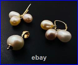 Estate 14K Yellow Gold Tri-Color Pearl Lever Back Earrings & Pendant SET, 5.2g