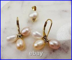 Estate 14K Yellow Gold Tri-Color Pearl Lever Back Earrings & Pendant SET, 5.2g