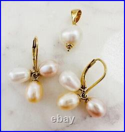 Estate 14K Yellow Gold Tri-Color Pearl Lever Back Earrings & Pendant SET, 5.2g