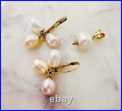 Estate 14K Yellow Gold Tri-Color Pearl Lever Back Earrings & Pendant SET, 5.2g