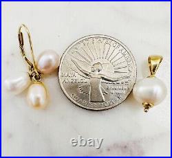 Estate 14K Yellow Gold Tri-Color Pearl Lever Back Earrings & Pendant SET, 5.2g