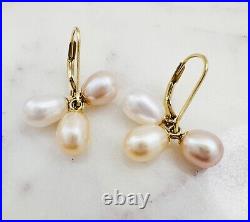 Estate 14K Yellow Gold Tri-Color Pearl Lever Back Earrings & Pendant SET, 5.2g