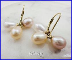 Estate 14K Yellow Gold Tri-Color Pearl Lever Back Earrings & Pendant SET, 5.2g