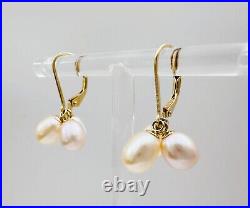 Estate 14K Yellow Gold Tri-Color Pearl Lever Back Earrings & Pendant SET, 5.2g