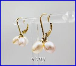 Estate 14K Yellow Gold Tri-Color Pearl Lever Back Earrings & Pendant SET, 5.2g