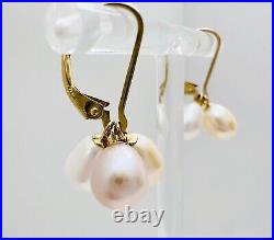 Estate 14K Yellow Gold Tri-Color Pearl Lever Back Earrings & Pendant SET, 5.2g