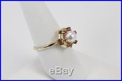 Estate 14Kt Yellow Gold Red Ruby & Pearl Filigree High Set Band Ring