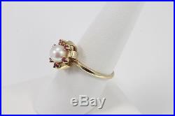 Estate 14Kt Yellow Gold Red Ruby & Pearl Filigree High Set Band Ring