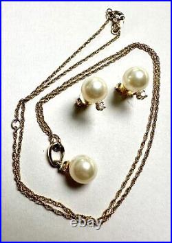 Estate 14k Gold Pearl & Diamond 18 Necklace & Earrings Set See Appraisal