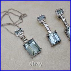 Estate 14k White Gold 30 Carat Aquamarine & Diamond Drop Necklace/earring Set