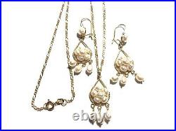 Estate 14k yellow gold Set of earrings and pearl pendant and chain of 18 #166